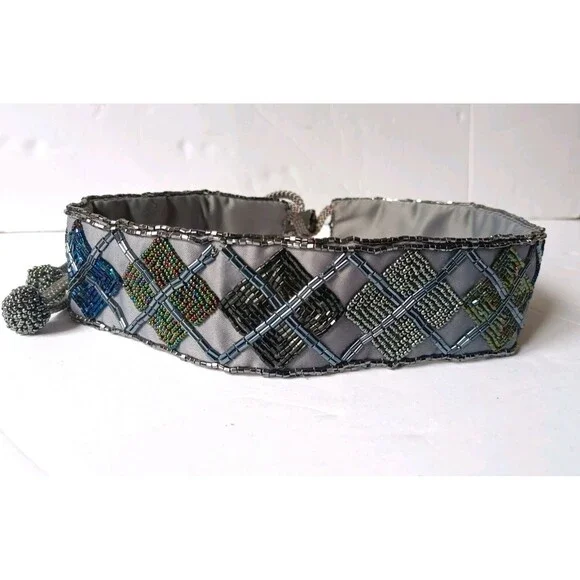 Vintage Christian Dior Ceinture Sash Belt Hand Beaded Grey Satin - Picture 1 of 7